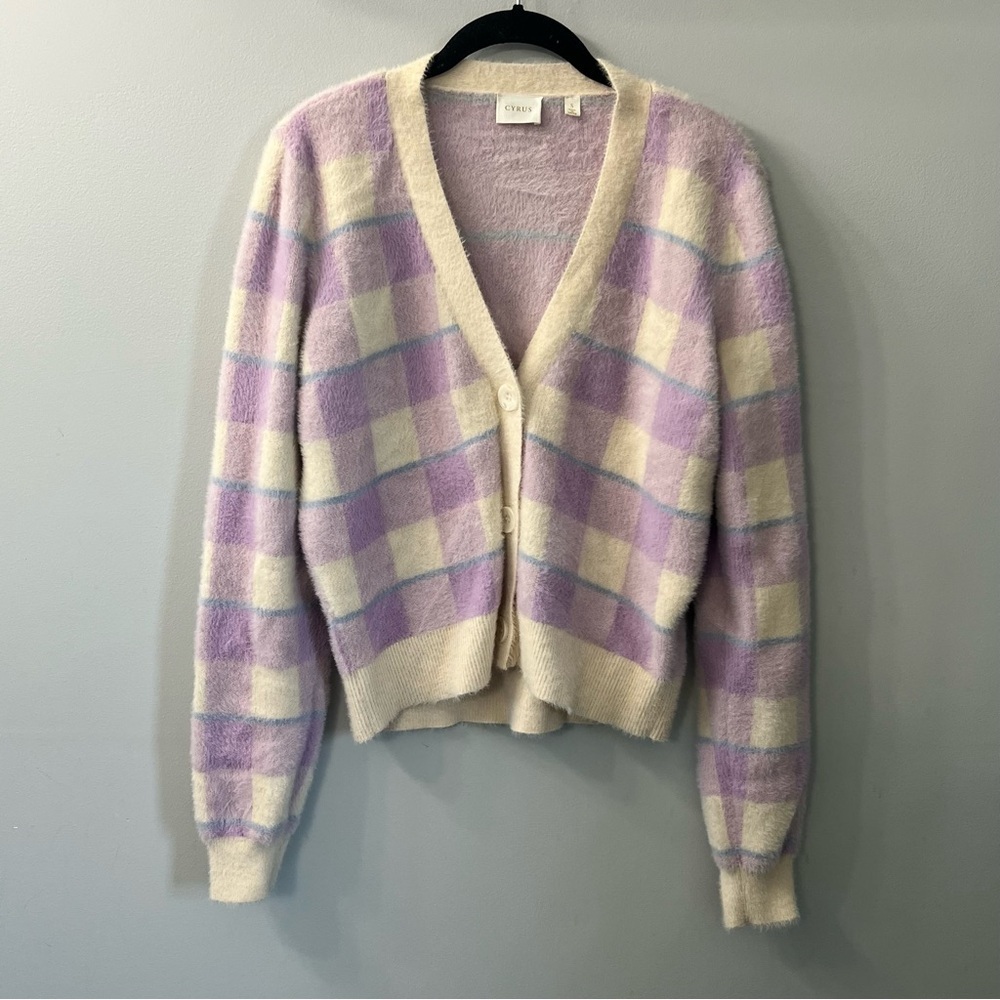 Cyrus Purple & Ivory Plaid Long Sleeve V Neck Cardigan Small